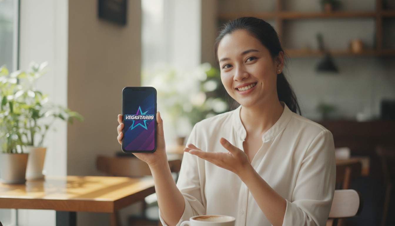 A woman proudly presenting VEGASTAR89 information