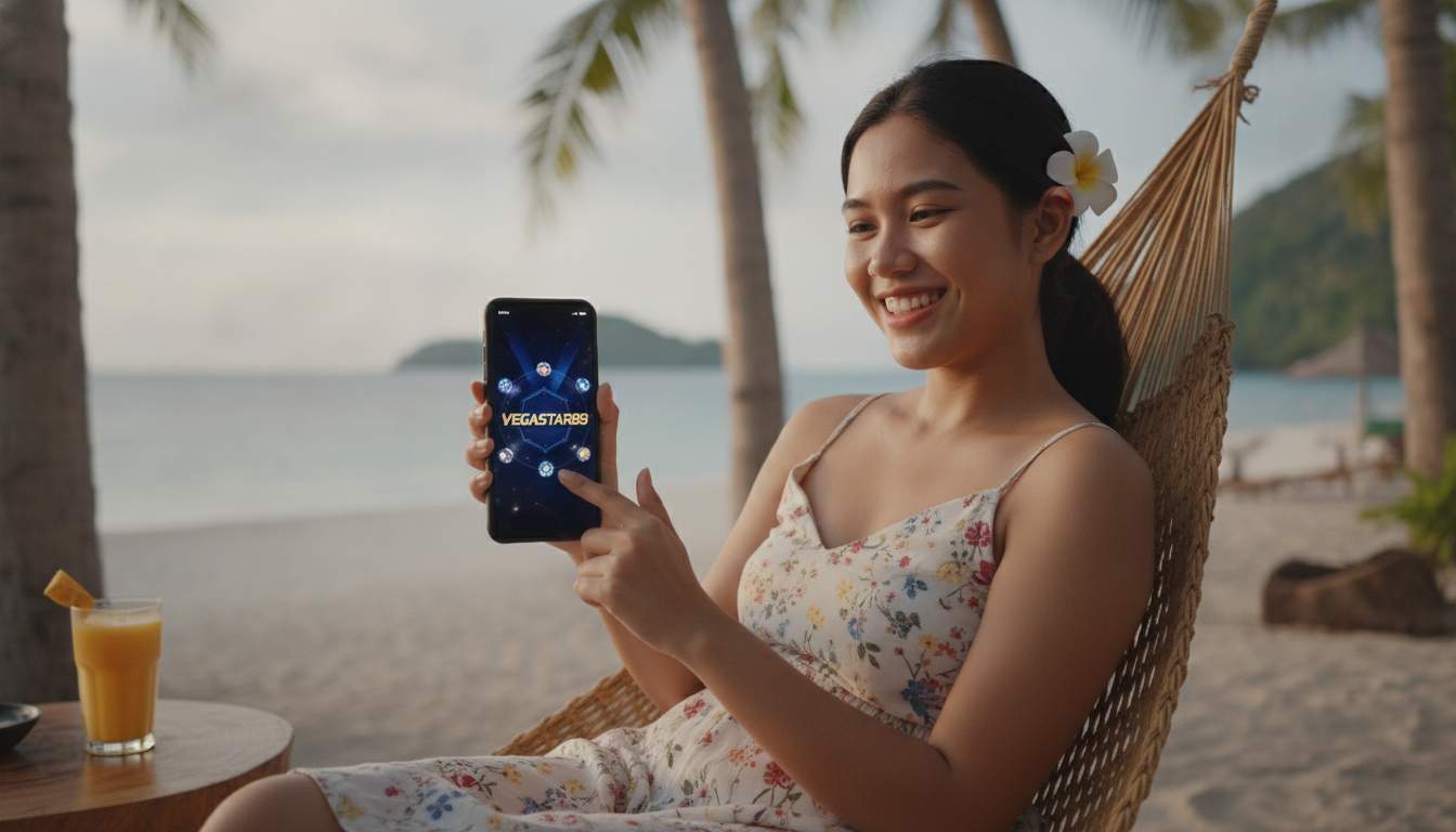 A woman using the VEGASTAR89 app on her phone