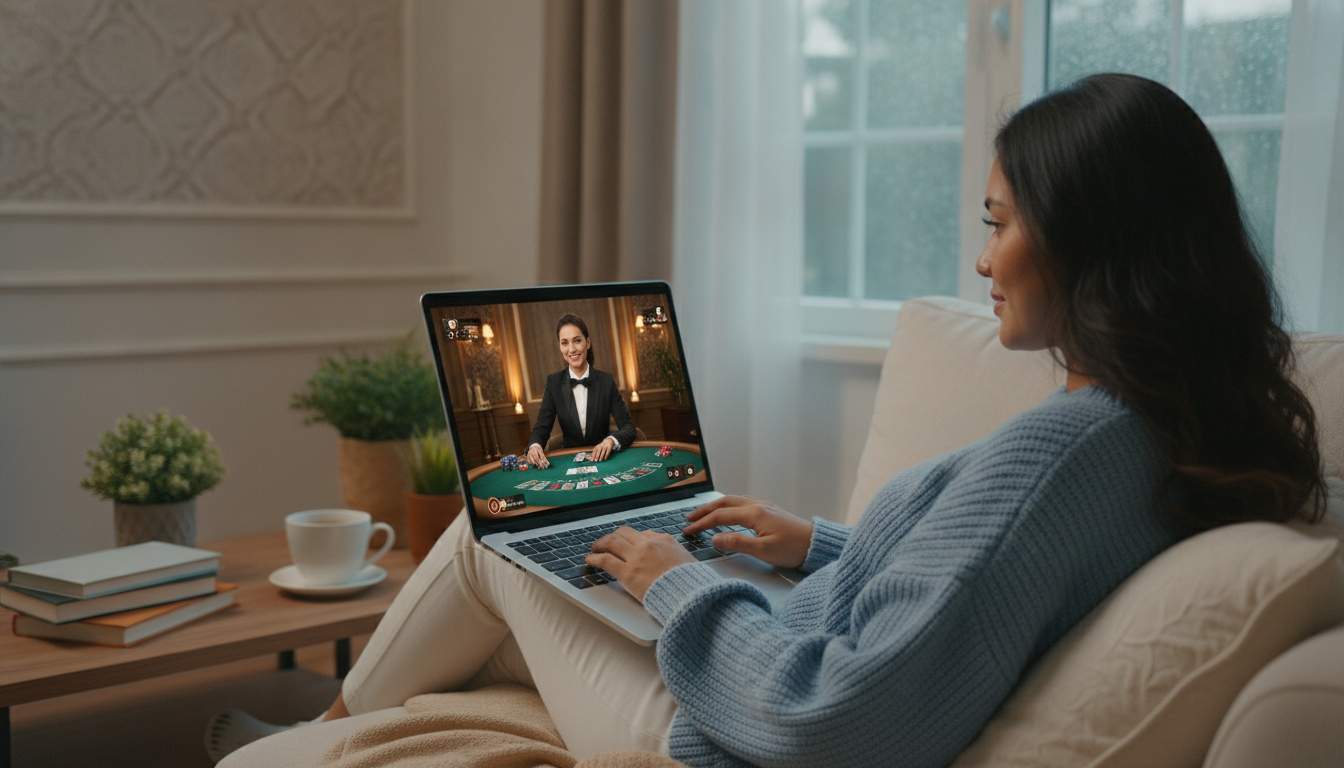 A woman enjoying live casino games on her computer