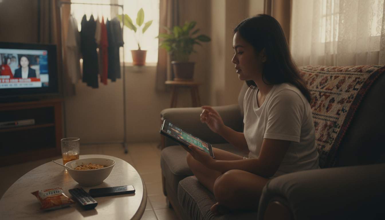 A woman enjoying a live casino game on her device.