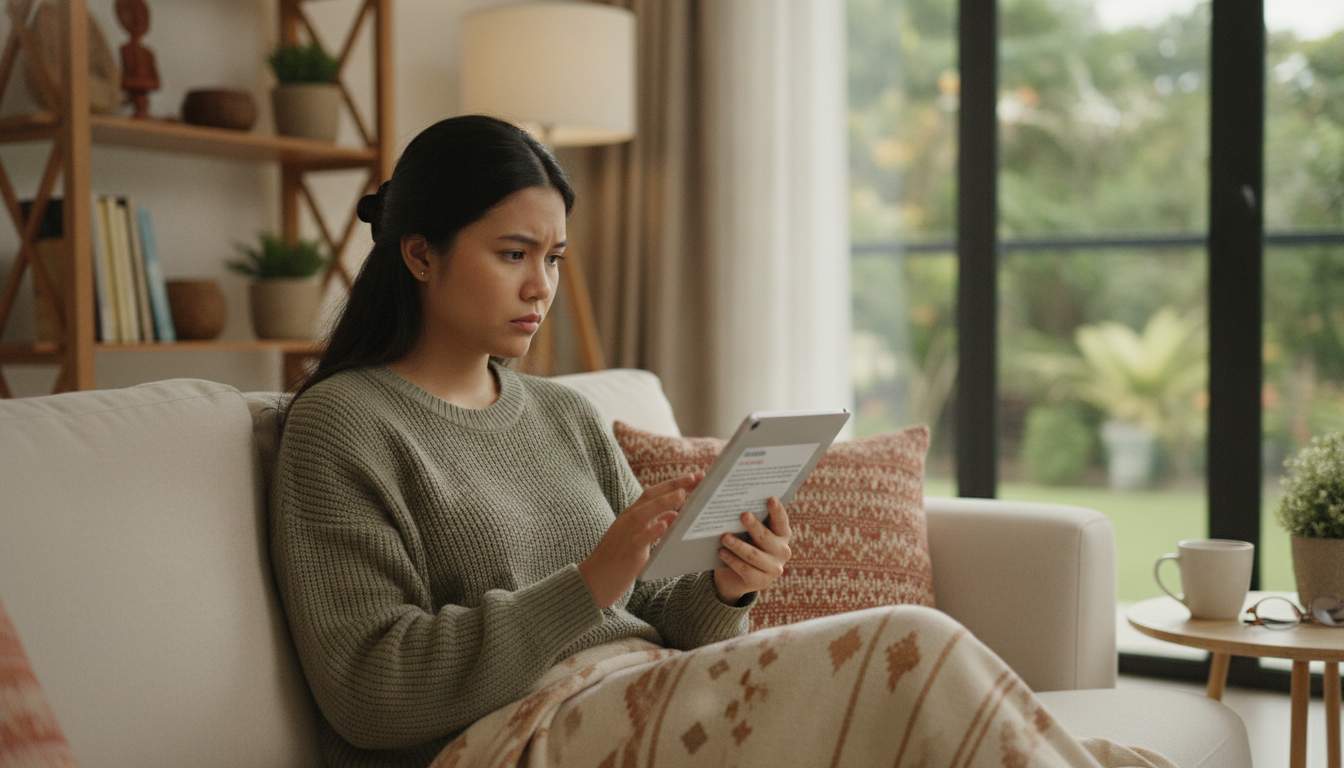 A woman reviewing privacy policies on her device