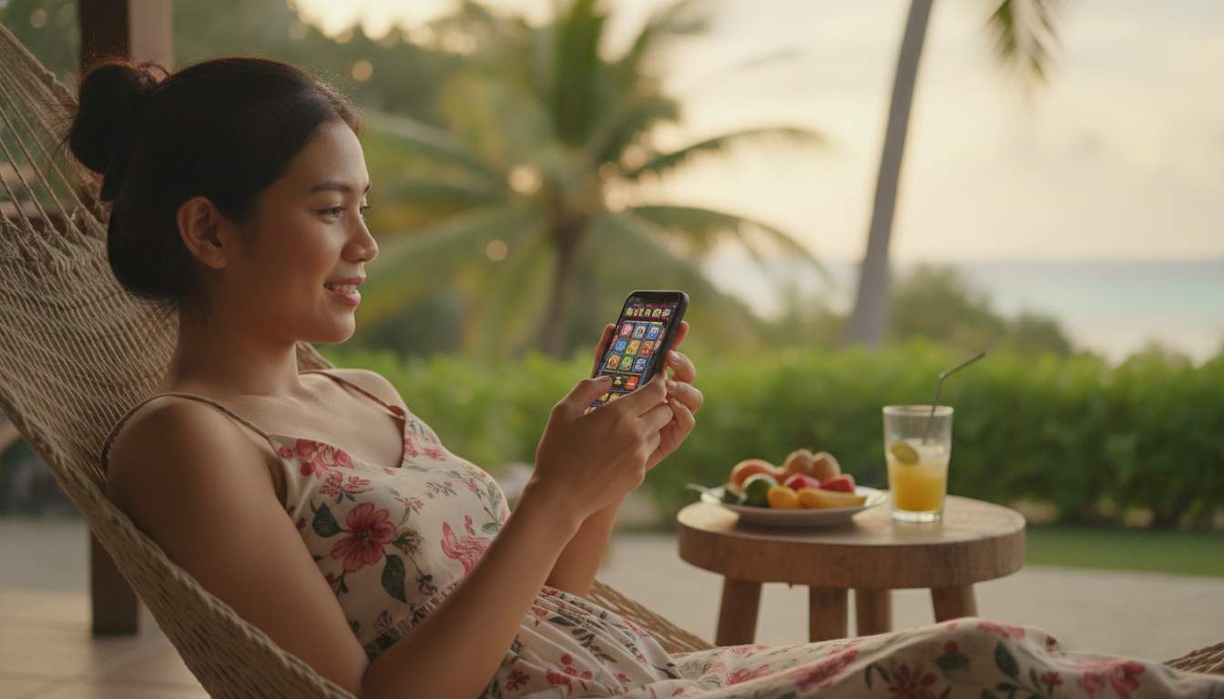 A woman happily playing online slots