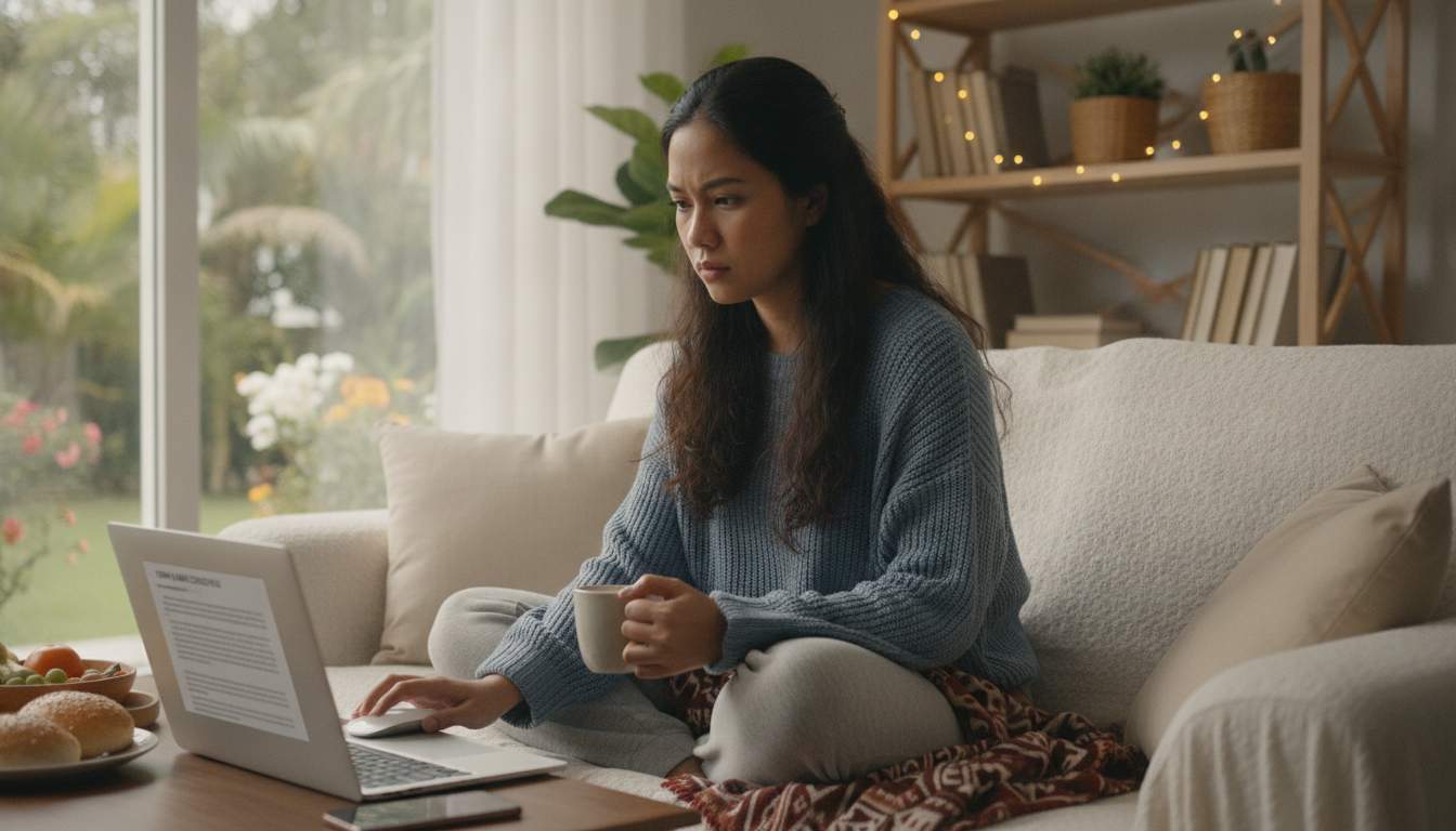 A woman reading terms and conditions on her device